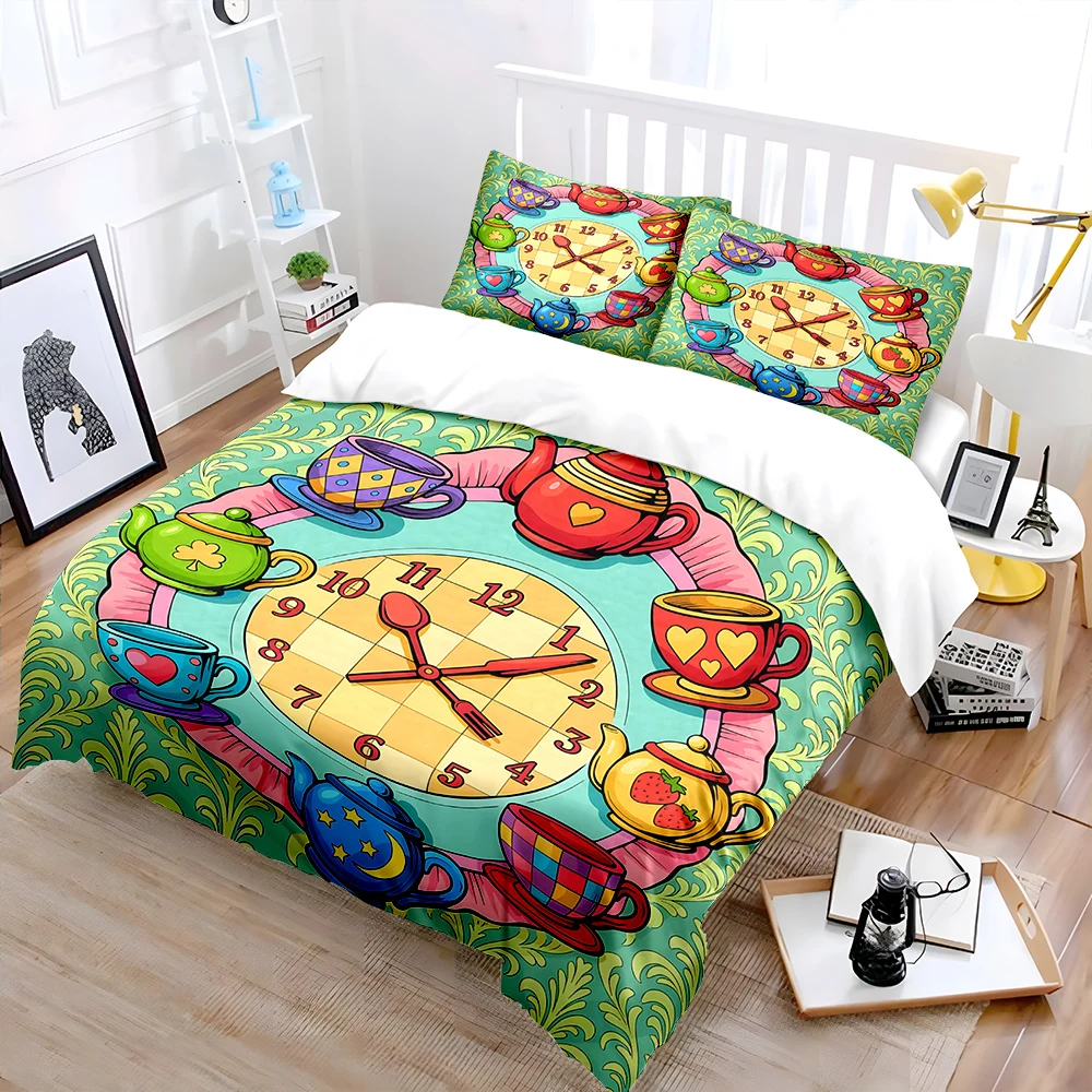 Teapots and teacups decorating clock Print Soft Comfortable Duvet Cover Bedding Set Included 1*Duvet Cover  2*Pillowcases