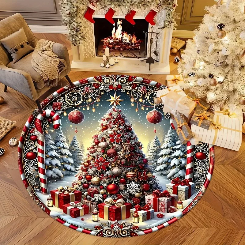 Candy Cane Xmas Tree Round Rug 40x40cm Mat for Fireplace Area