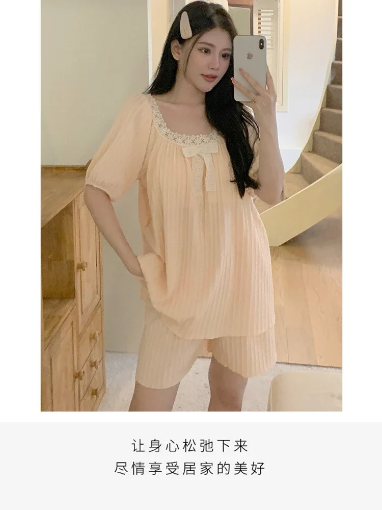 Plus Size Summer Thin Pajamas with Cheat Pad Female Ins Japan fashion Soft Gauze Short-Sleeved Shorts Loose Homewear Loungewear