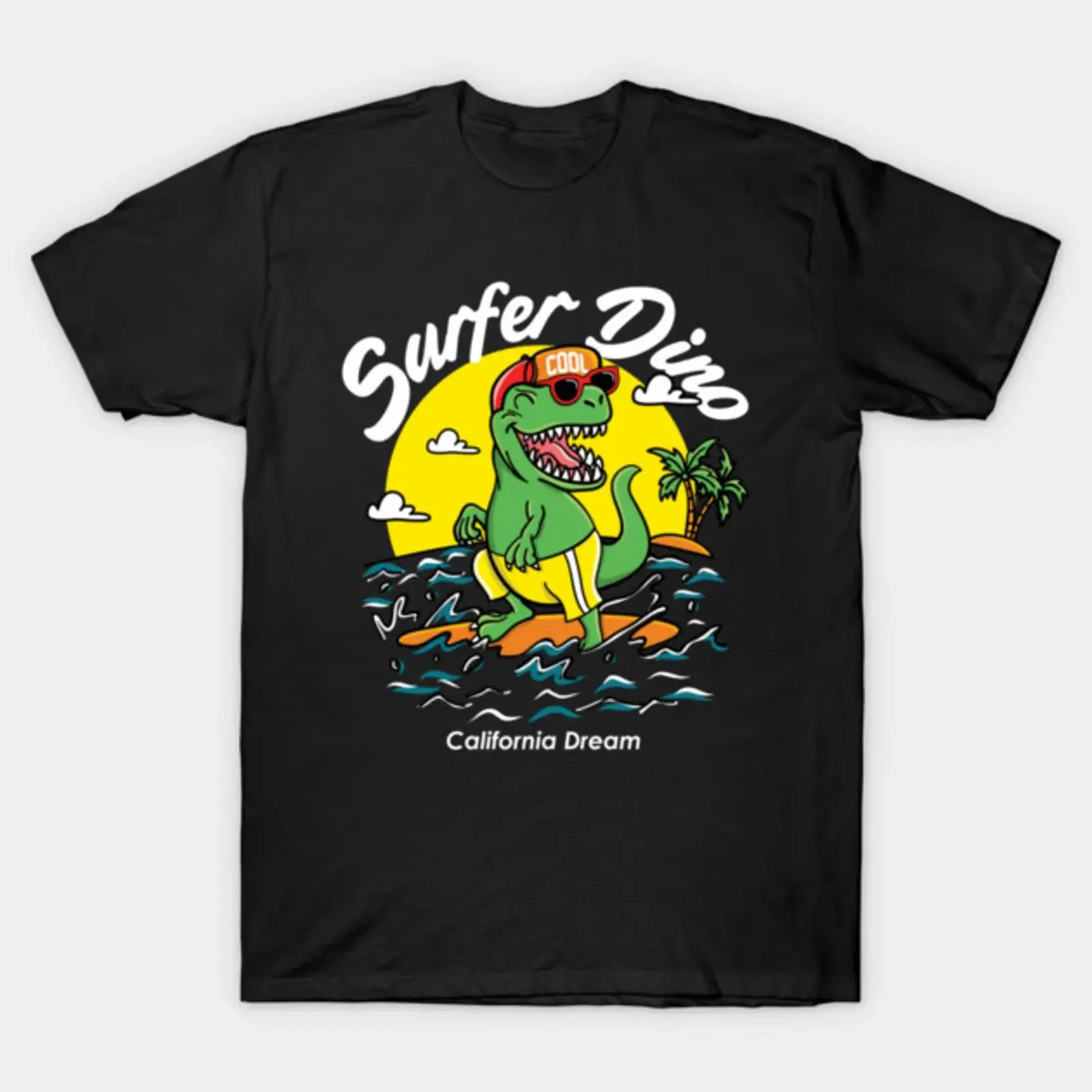 surfer dino california dream T Shirt vintage Washed streetwear Versatile Slightly Breathable graphic homme Soft