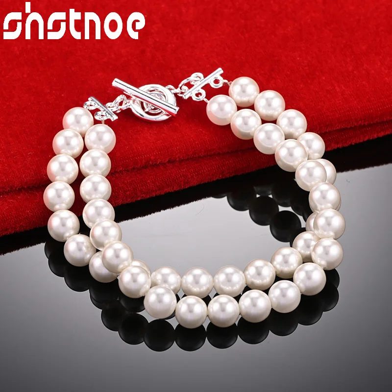 SHSTONE 925 Sterling Silver podwójne sztuczne perły łańcuszek bransoletka dla kobiety akcesoria ślubne Party urodziny biżuteria