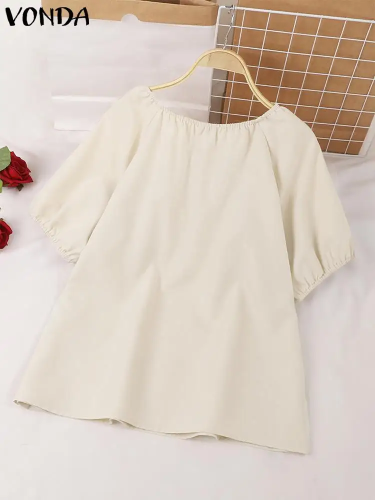 VONDA 2024 Summer Women Fashion Blouses Elegant Shirts Round Neck Short Puff Sleeve Tunic Tops Casual Loose Blusas Femininas