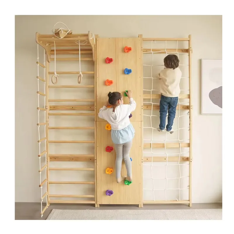 

Indoor Montessori Playground 9-in-1 Swedish Kids Ladder Wall Gym Set with Rock Climbing and Tie Rod