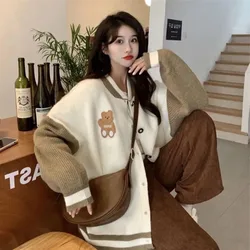 Patchwork Sweater Women Preppy Style Button Long Sleeve Sweatshirt Loose Knitted Baseball Japanese Casual Sweet Jacket