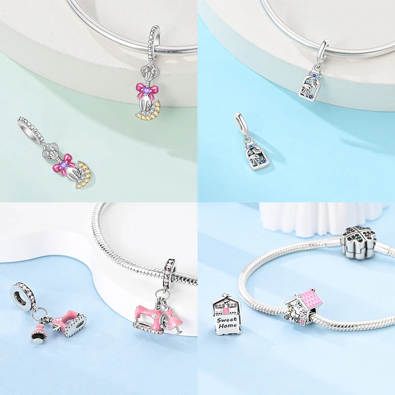 

Charms 925 Silver Pink Room Alarm Clock Sewing Machine Drawing Board Beads Pendant Fit Diy Original Bracelet Jewelry Making Gift