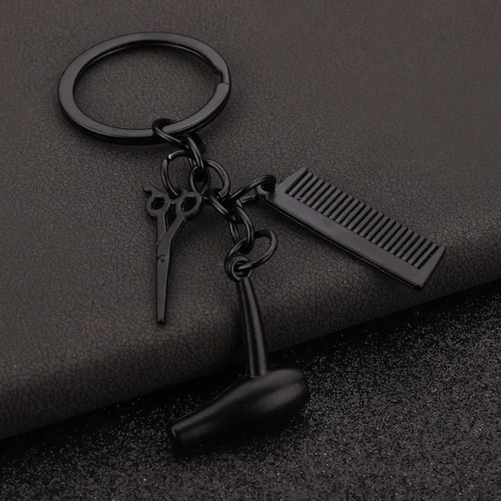 Fashion Accessory Mini Comb Barber Keychain Metal Hanging Ornament Key Chain Hair Dryer Key Ring For Men Women