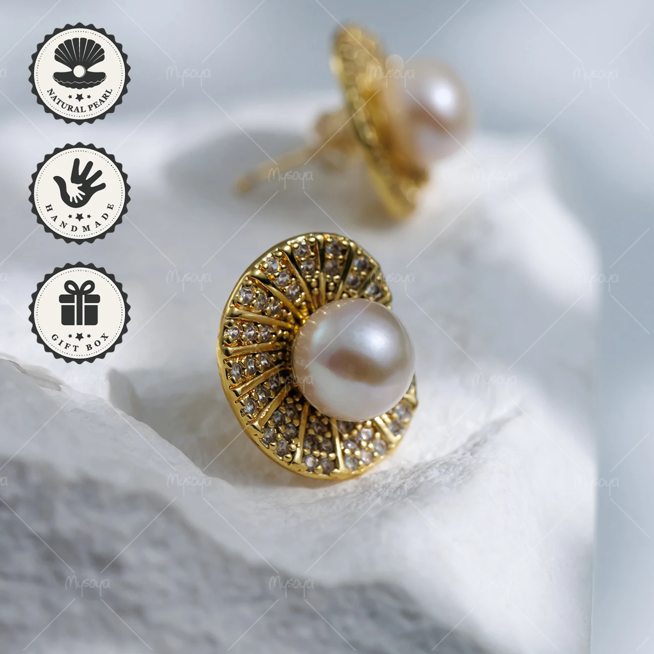 

MYSOYA 8-9mm White Freshwater Pearl Stud Earrings, Golden Irregular CZ Lotus Leaf, With Gift Box, Birthday Gift, Valentine’s Day