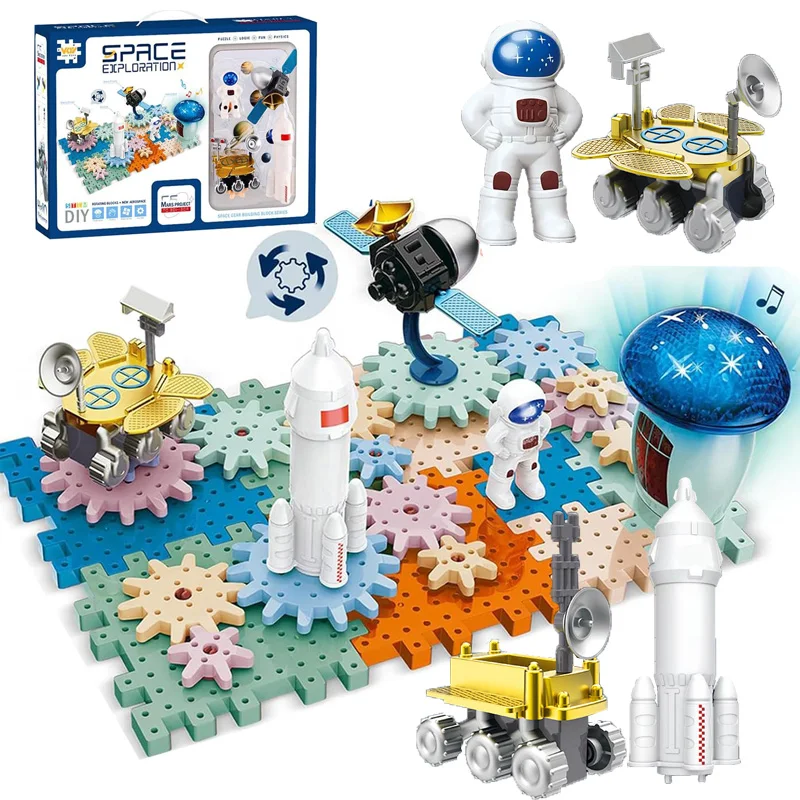 Space Rocket Large Electric Gears Building Blocks Set with Music & Light STEM Educational Construction Toys for Children Gifts