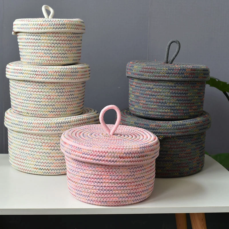 Nordic Cotton Rope Woven Storage Baskets Organizer Boxs With Lids Desktop Sundries Basket Sundries Key Pen Cosmetics Storage