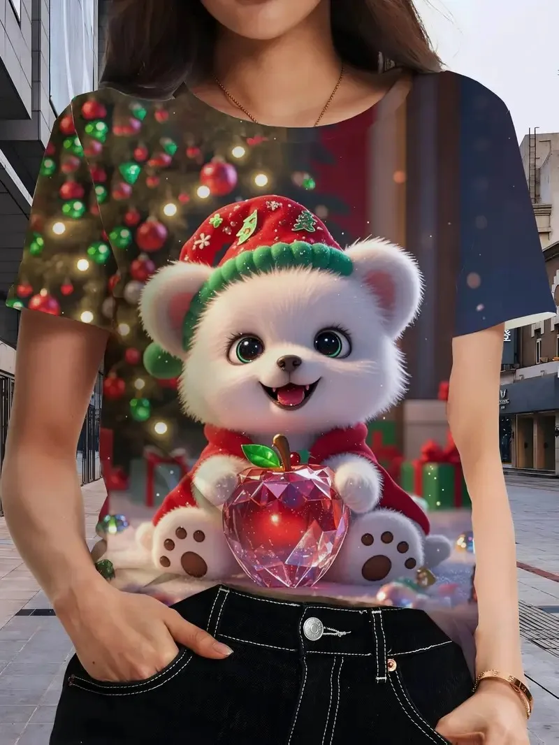 

Christmas hat and teddy bear pattern 3D print women's short sleeved T-shirt Fashion X'mas casual daily Loose Woman y2k clothes