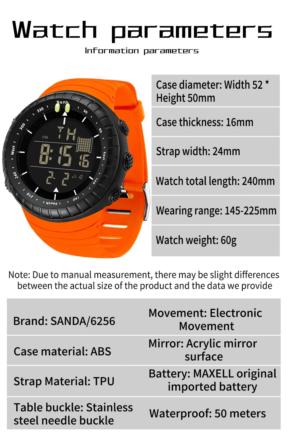 2024 Fashion Sanda 6256 New Electronic Watch Large Dial Outdoor Waterproof Sports Night Light Alarm Clock Multi Functional Men\'s