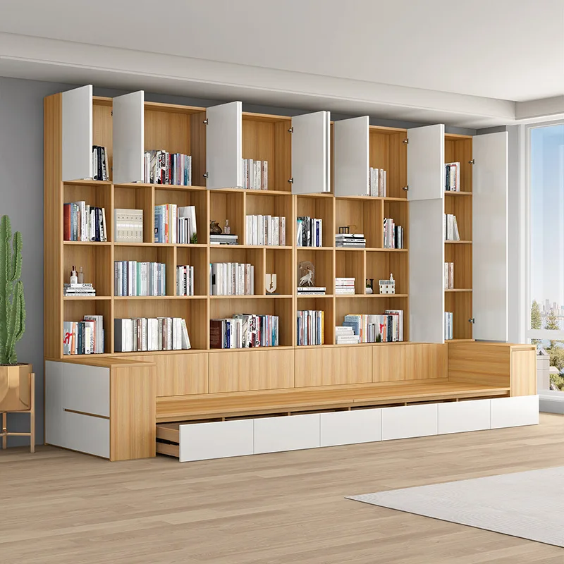

Sofa living room bookcase integrated whole wall bookshelf with glass door card seat storage background wall multi-functional sid