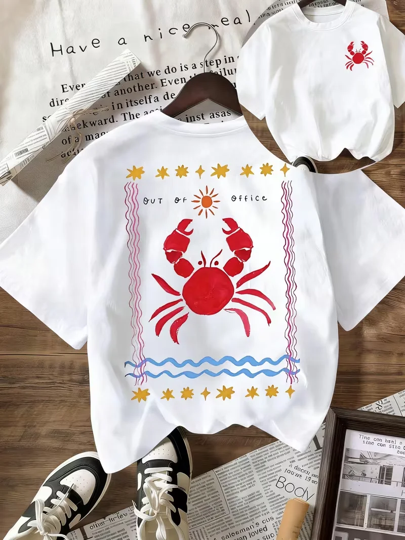 Out of Office Crab Graphic T-Shirt, Summer Beach Ocean Print Casual Tee, White Short Sleeve Crew Neck Top for Women wear