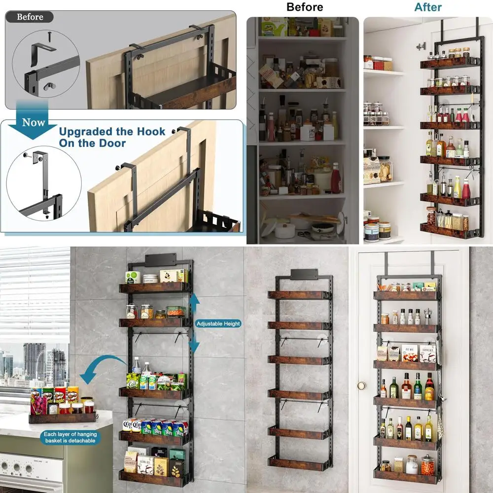 

6-уровневый регулируемый деревянный органайзер для кухонной кладовой с корзинами, прочная металлическая подвесная полка для специй, 63x1771x5060 мм, 1 шт.