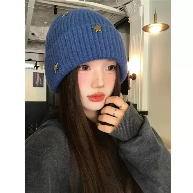 Star Knitted Hat Women Winter Korean Version Small Face Head Wrap Cold Hat Thickened Warm Big Head Circumference Wool Beanie
