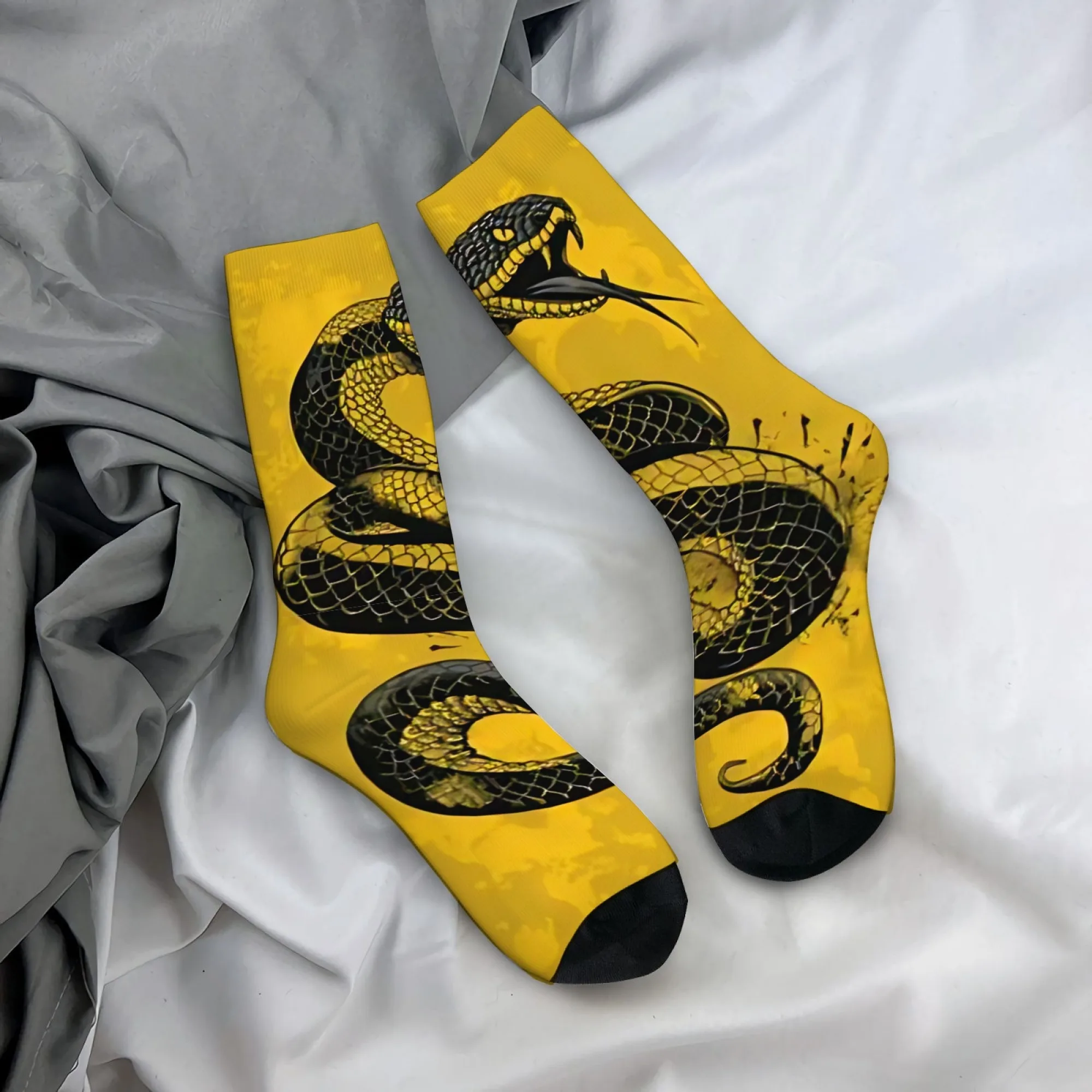 

Wild Dark Yellow and Black Snake Print Men's Mid-calf Socks Yellow Color-blocked Punk Style Soft Comfortable Breathable Socks