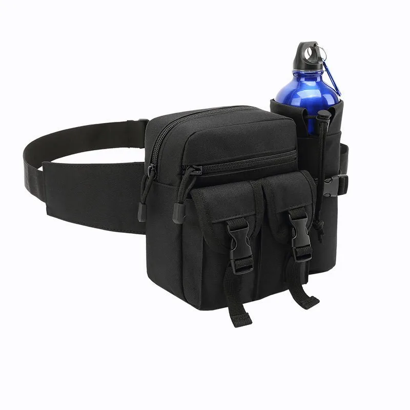 Premium Waist Bag Set: Black Utility Belt/Sweat-Resistant Lining, Double Zipper Pockets Compression Sleeve Holds Bottle & Phones