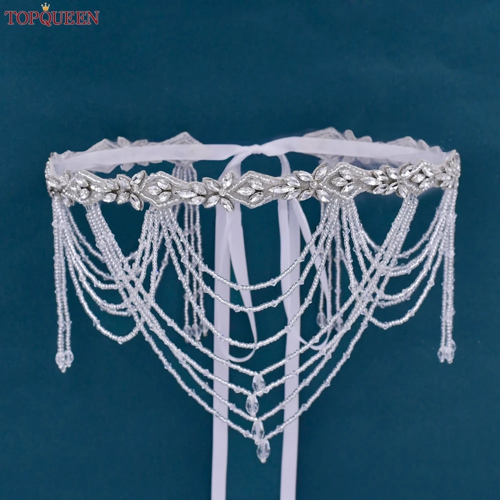 TOPQUEEN Handmade Wedding Belts Silver Tassels Beads Rhinestone Belts Beading Wedding Shawl Wedding Dress Accessories S08