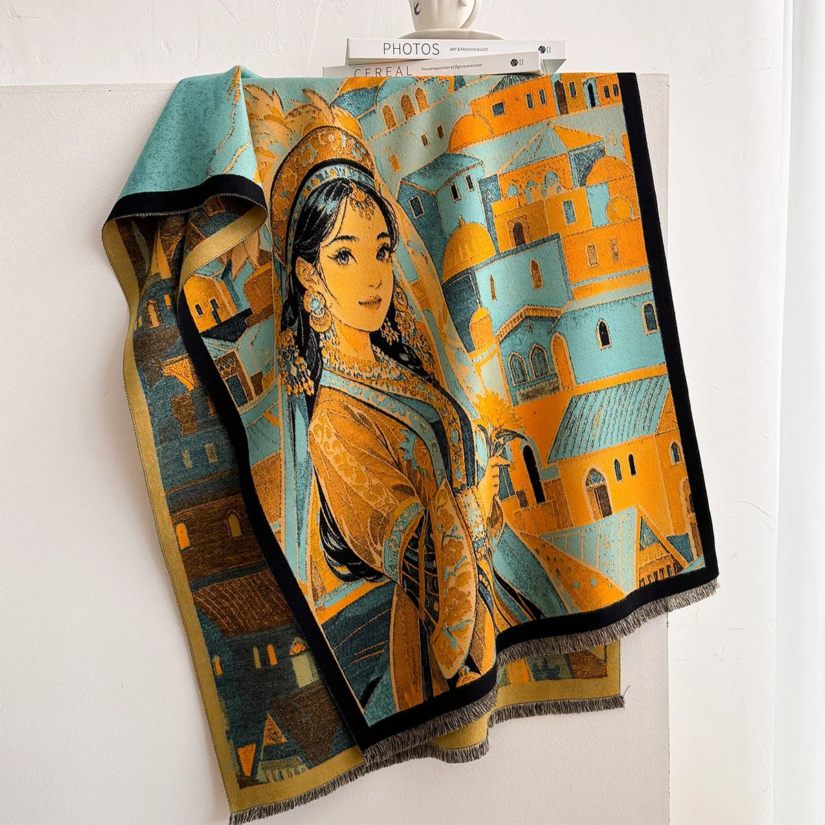 Women Autumn Winter Imitation Cashmere Neck Scarf Reversible Western Region Maiden Ancient City Oil Painting Design Tassel Shawl