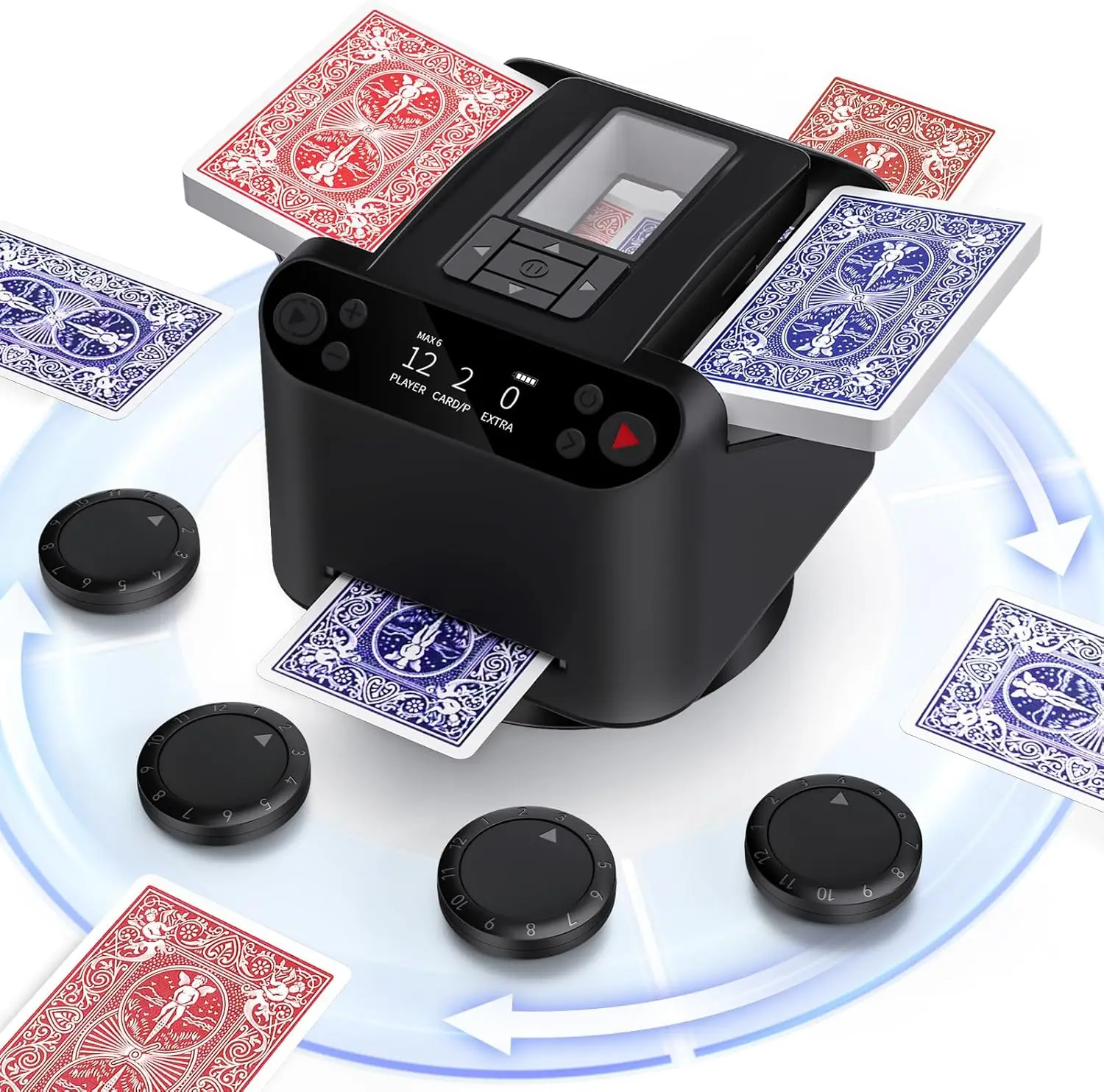 

Automatic shuffler and banker 2-in-1, 2 pairs of 360 ° rotating trading machines, suitable for12 players, suitable forUNO, poker