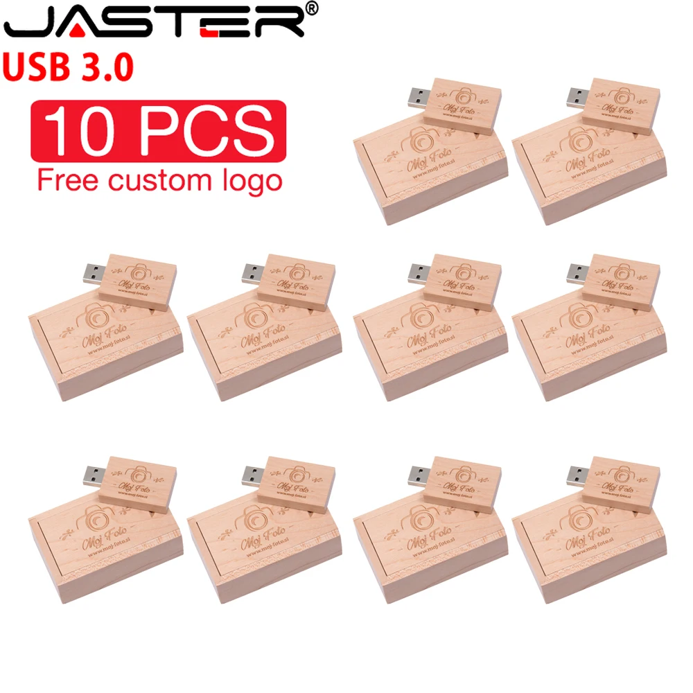 

JASTER 10PCS/LOT Wooden USB 3.0 Flash Drive 128GB Free Custom Logo with Box Pen Drive 64GB wedding Gift Memory Stick 32GB U disk