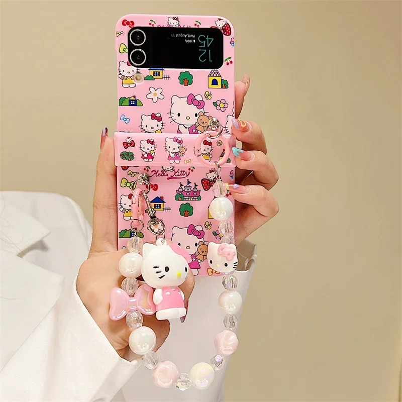 Cute Cartoon Sanrio Hello Kitty Phone Case For Samsung Galaxy Z Flip 6 5 Candy Colorful Hard Cover For Z Flip 3 4 With Lanyard