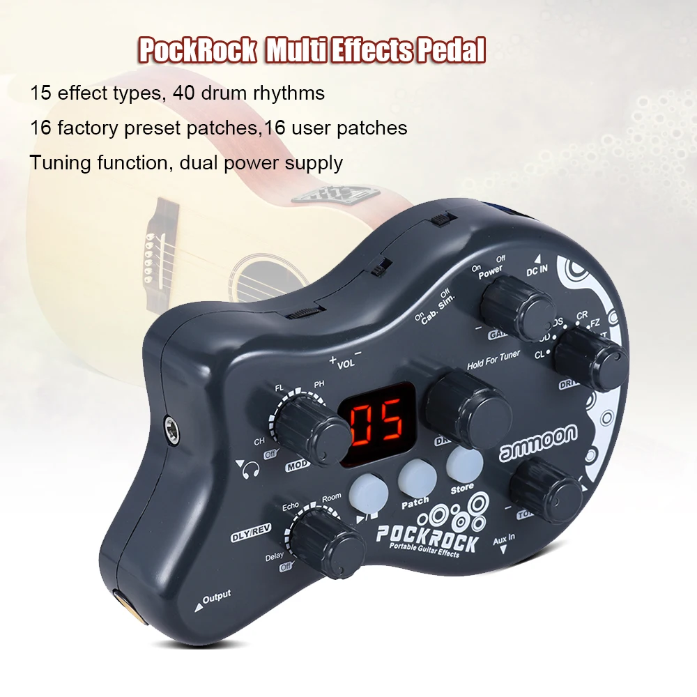 

ammoon PockRock Portable Guitar Multi-effect Processor Effect Pedal 15 Effect Types 40 Drum Rhythms Tuning Function with Adapter