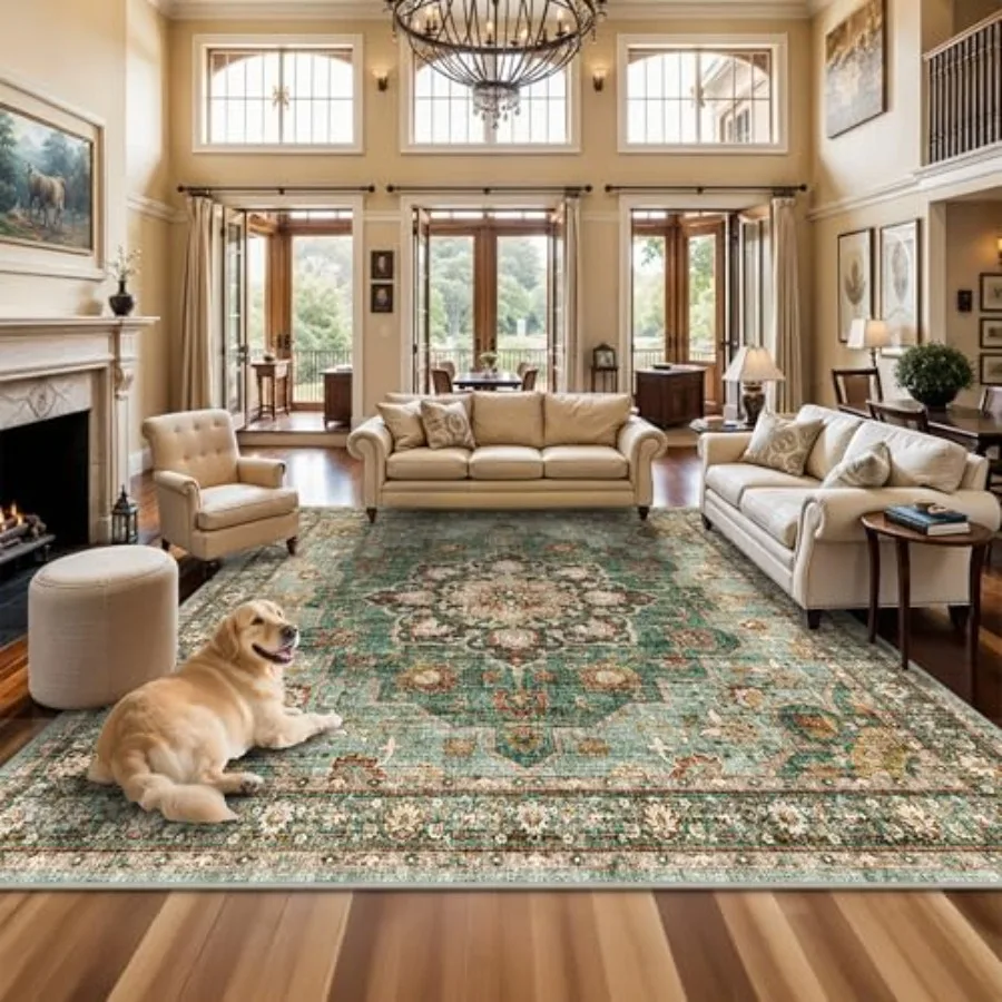 

Washable Oriental Area Rug for Living Room and Bedroom Soft Waterproof Stain Resistant Floral Design Indoor Carpet with Distres
