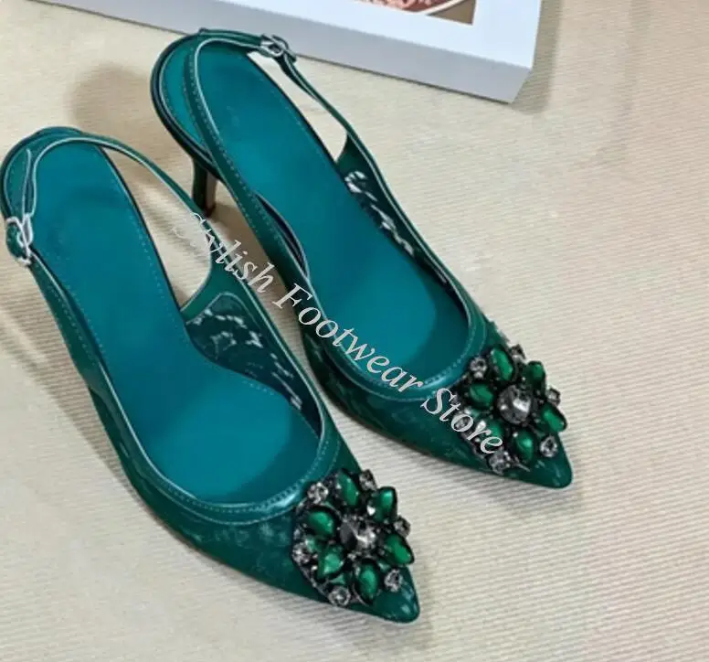 Summer Rhinestone Flower Slingbacks Floral Lace Sandals Pointed Toe Crystal High Heels Back Strap Woman Banquet Pumps Shoes