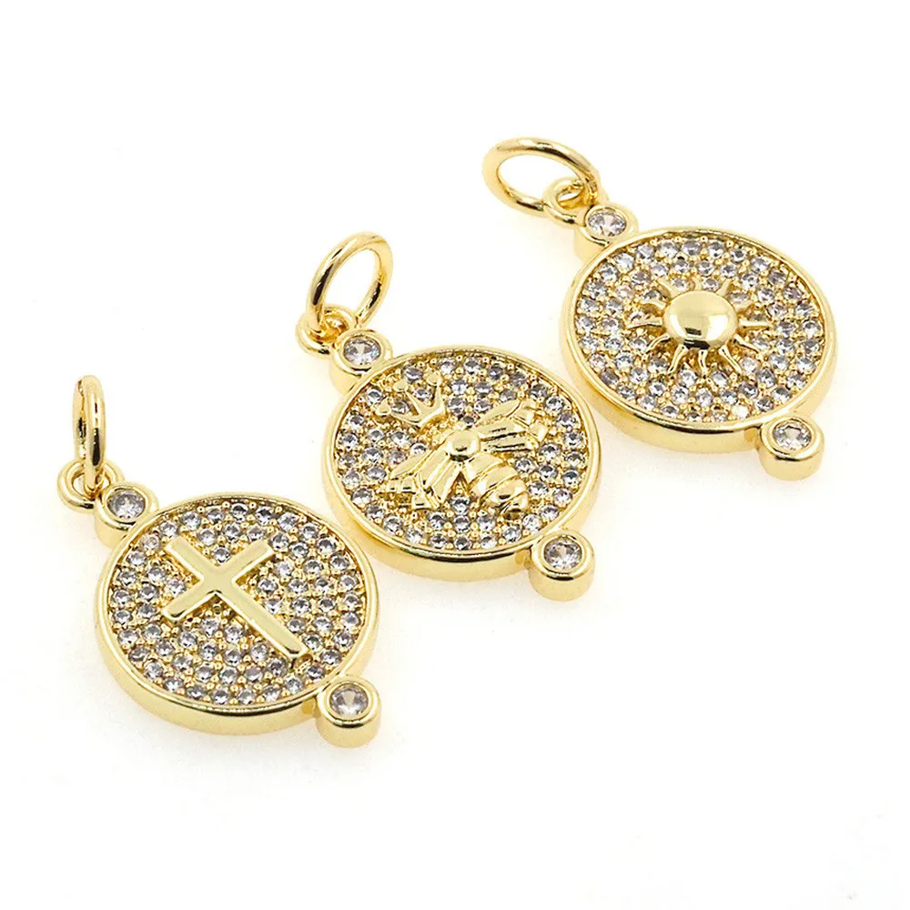 

New Round Cross Bee Sun Medal Pendant For Necklace Zircon Gold Plated Necklace Charms Jewelry Making Accessories For Women