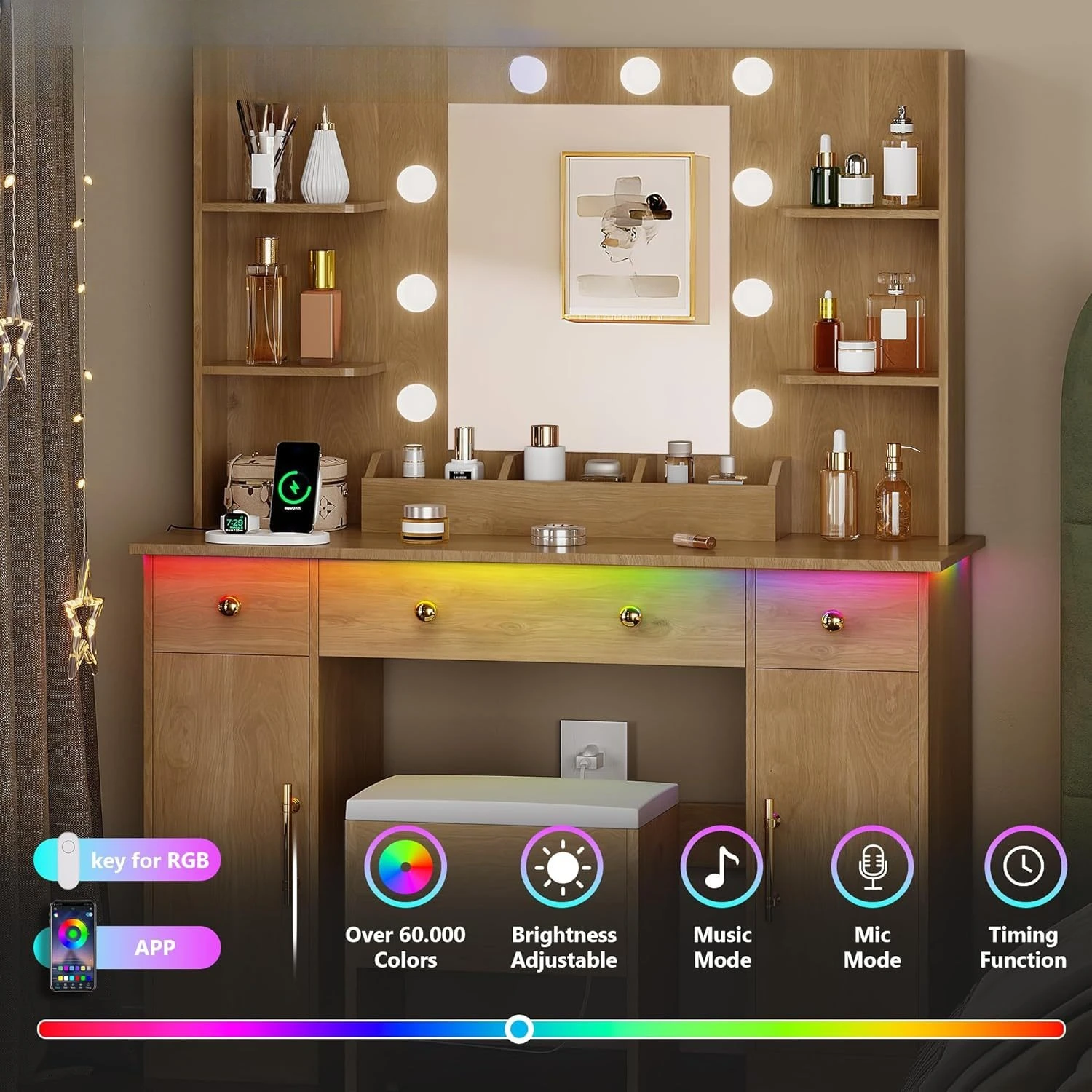 خزانة مع مرآة ومصباح، طاولة زينة خشبية مع محطة شحن ومقعد، مع 3 أدراج #4