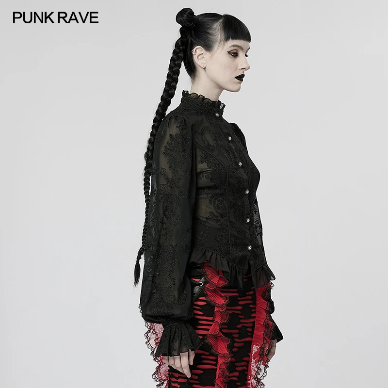 Imagem -03 - Punk Rave-blusa Gótica Feminina de Mangas Altas Bordada em Chiffon Perspectiva Camisa com Gola Ruffle Primavera Outono Cores