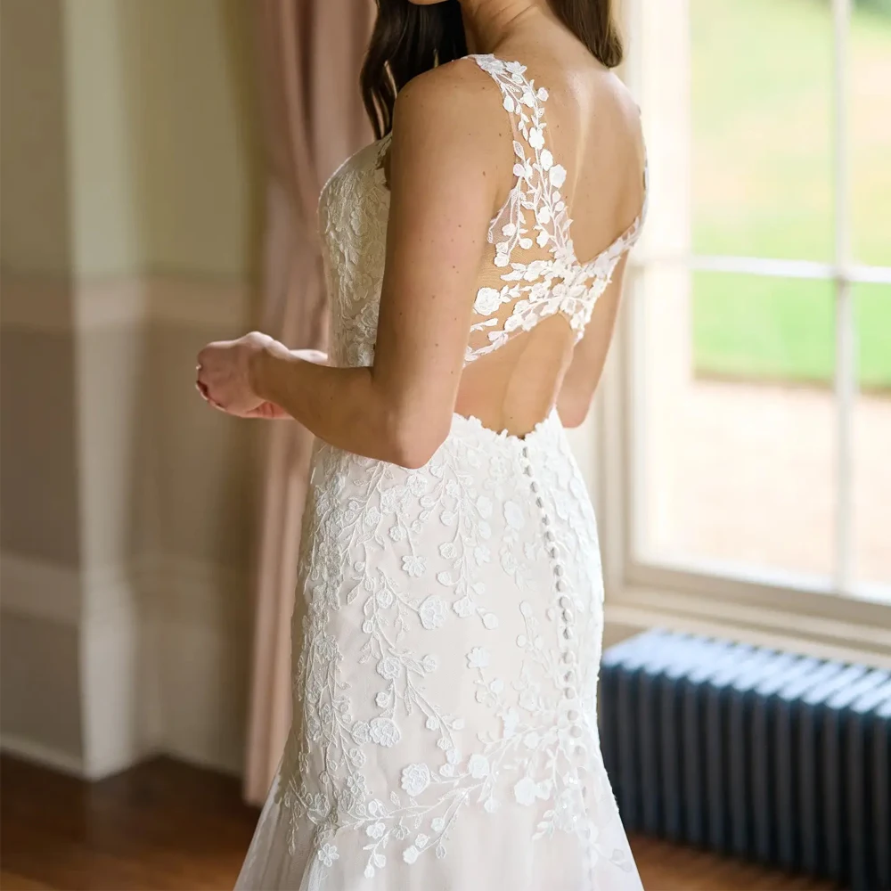 Свадебные платья с V-образным вырезом и широкими бретелями, свадебные платья с аппликацией, кружевные вечерние платья на пуговицах, тюль с цветочным принтом свадебное платье