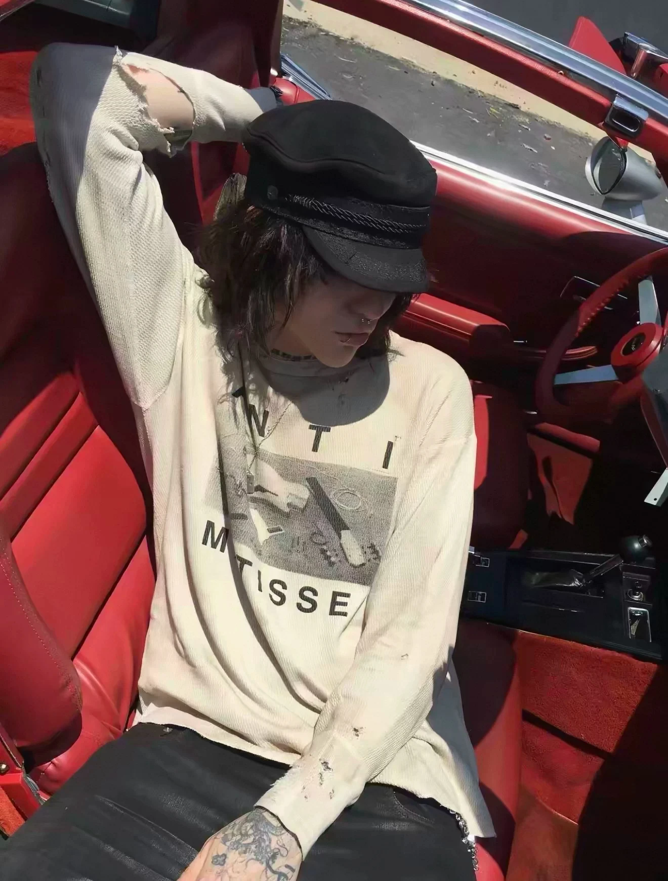Custom‑Woven Fabric Anti‑Matisse Distressed Destroyed Dirty‑Dye Waffle Long‑Sleeve Alex