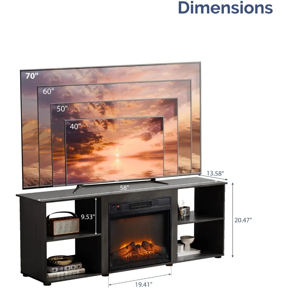 وحدة تحكم وسائط مدفأة كهربائية حديثة مع أرفف قابلة للتعديل، سعة تلفزيون 70 بوصة، تتضمن سخان، ترفيه أنيق