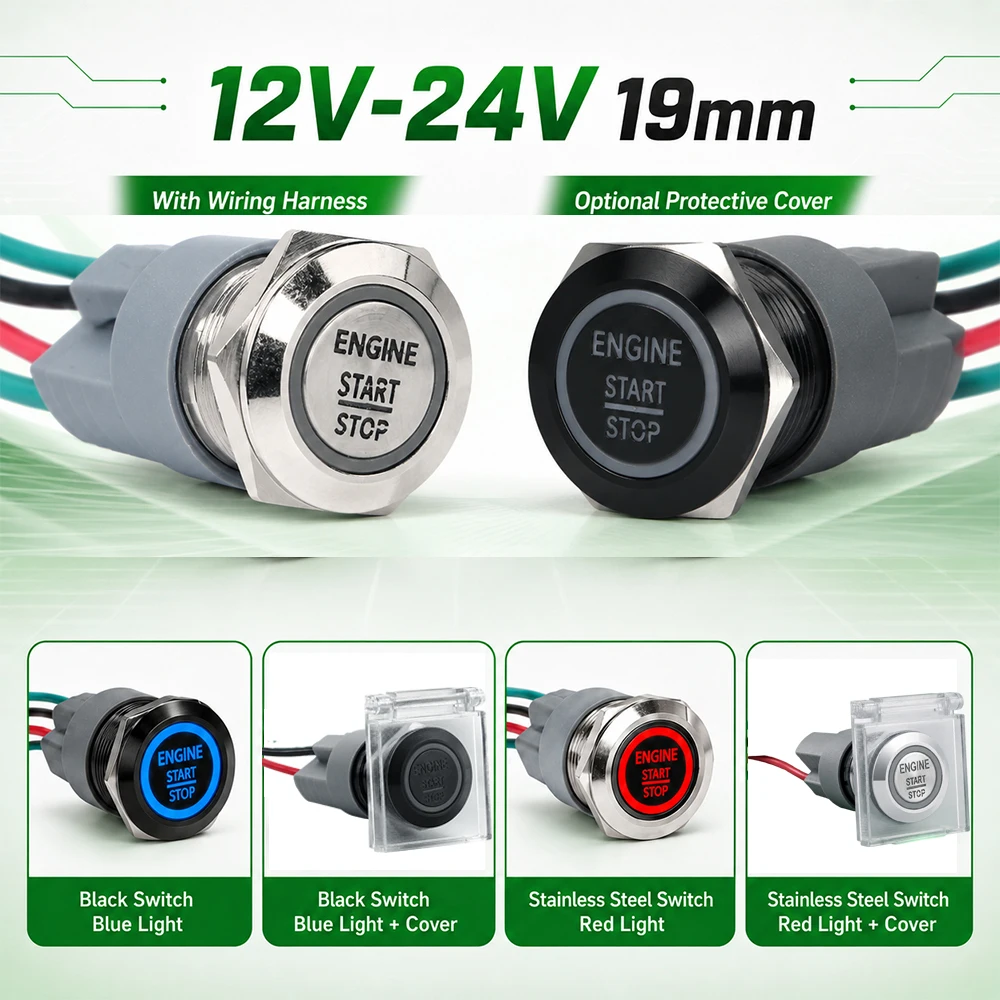 19mm 12V-24V Momentaner Motorstart-Stopp-Druckknopf aus Edelstahl/Schwarz mit Rot/Blau LED, Kabelbaum und optionaler Abdeckung