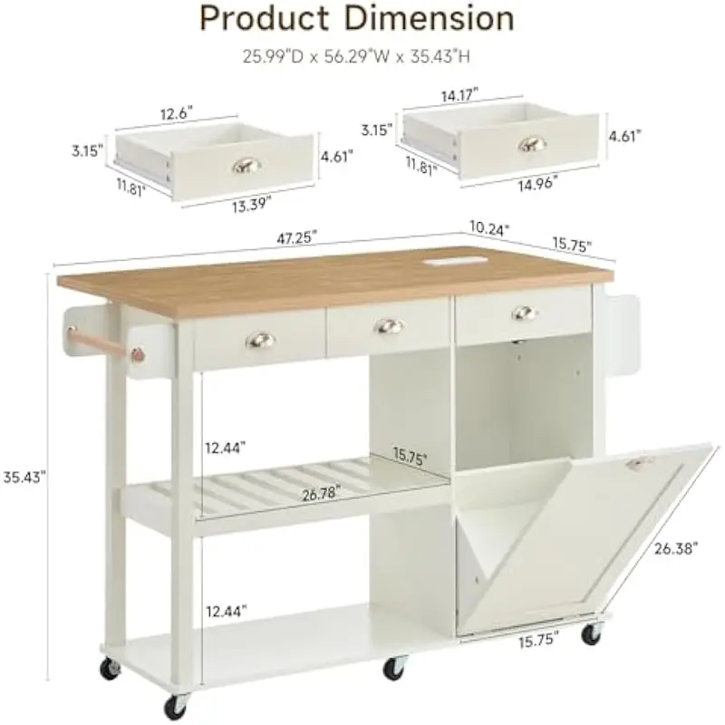 56-inch Mobile Kitchen Cart with Drop-Leaf Tabletop Two-Tier Open Shelving Tilt-Out Trash Bin Six Locking Casters Spice Rack Tow