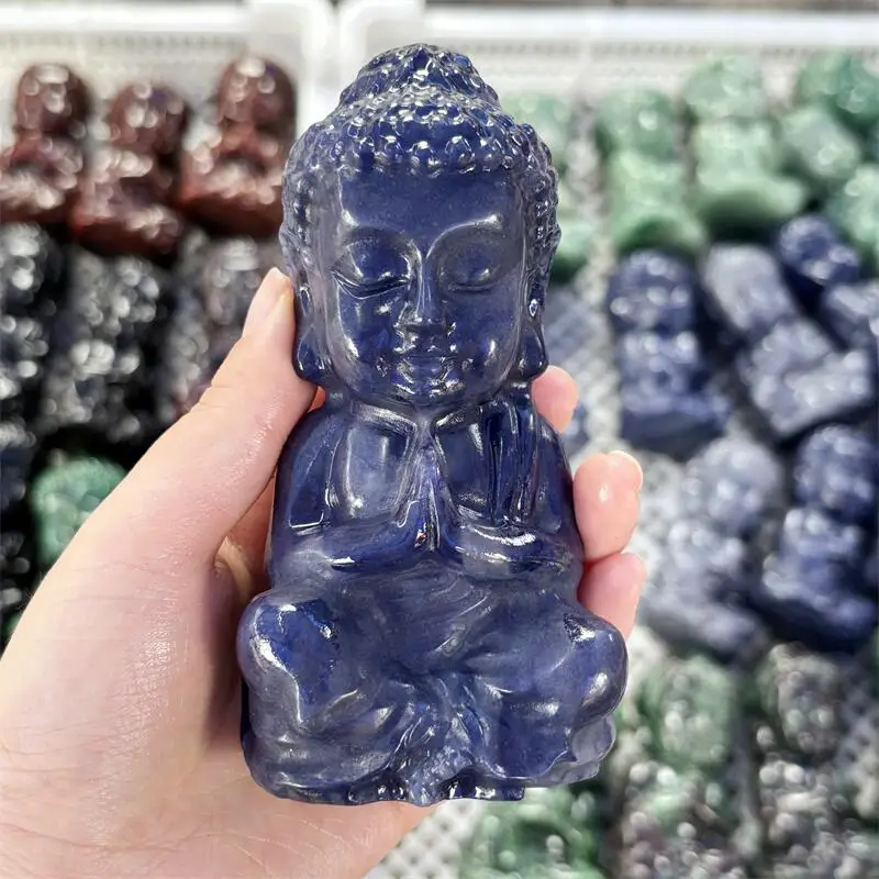 

Natural Blue Aventurine Buddha Statue Carving Cartoon Healing Fengshui Stone Holiday Crafts Gift 1pcs
