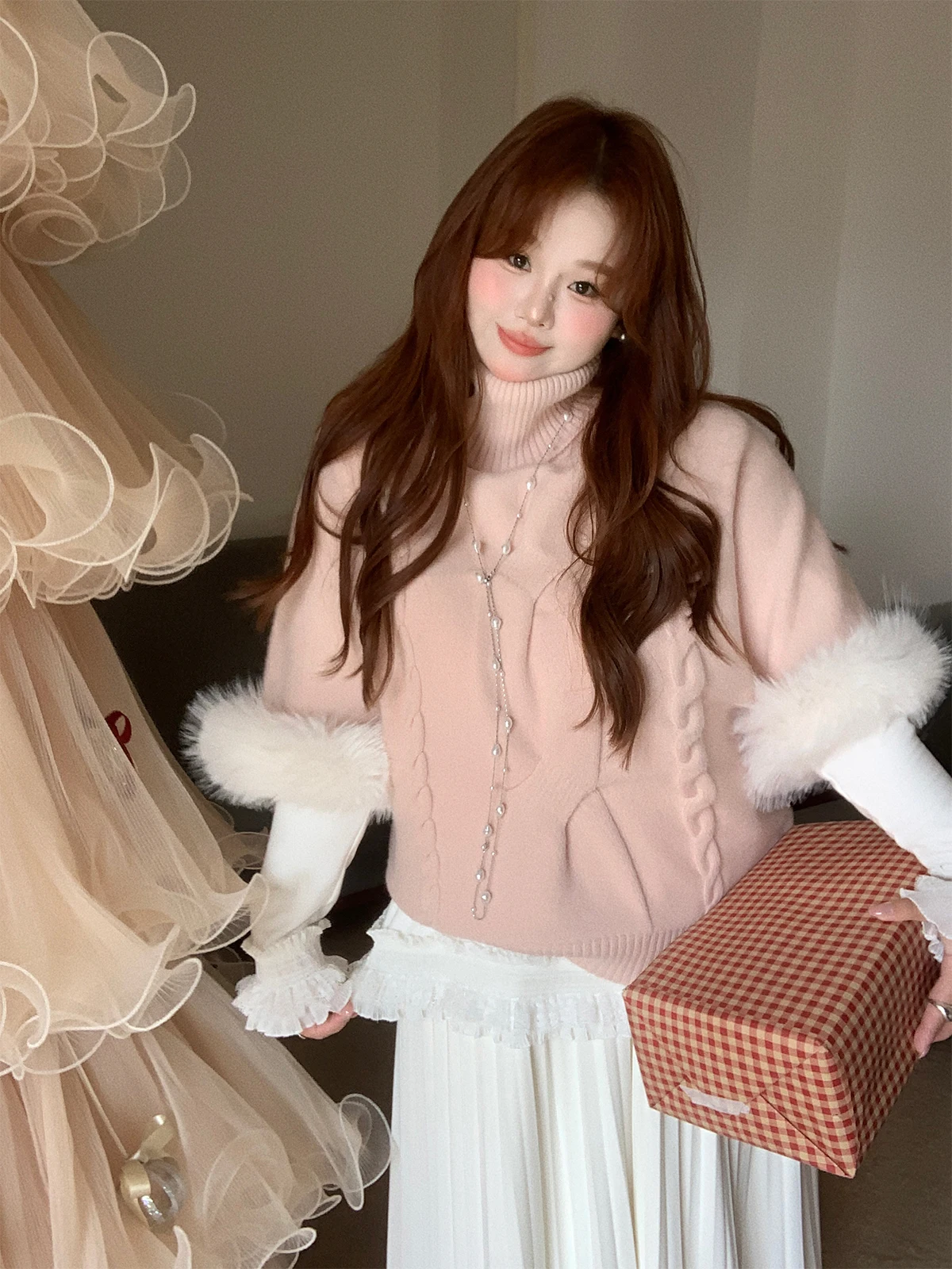 

Новый женский зимний вязаный свитер большого размера с высоким воротом, розовый, с узором «косы», пушистый, удобный, свободного кроя, с длинными рукавами