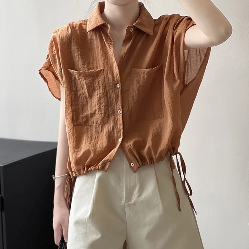 2024 Summer New Women's Blouse and Shirt with Drawstring Short Sleeve Polo Neck Single Breasted Cuffs Pleated Stylish 80815