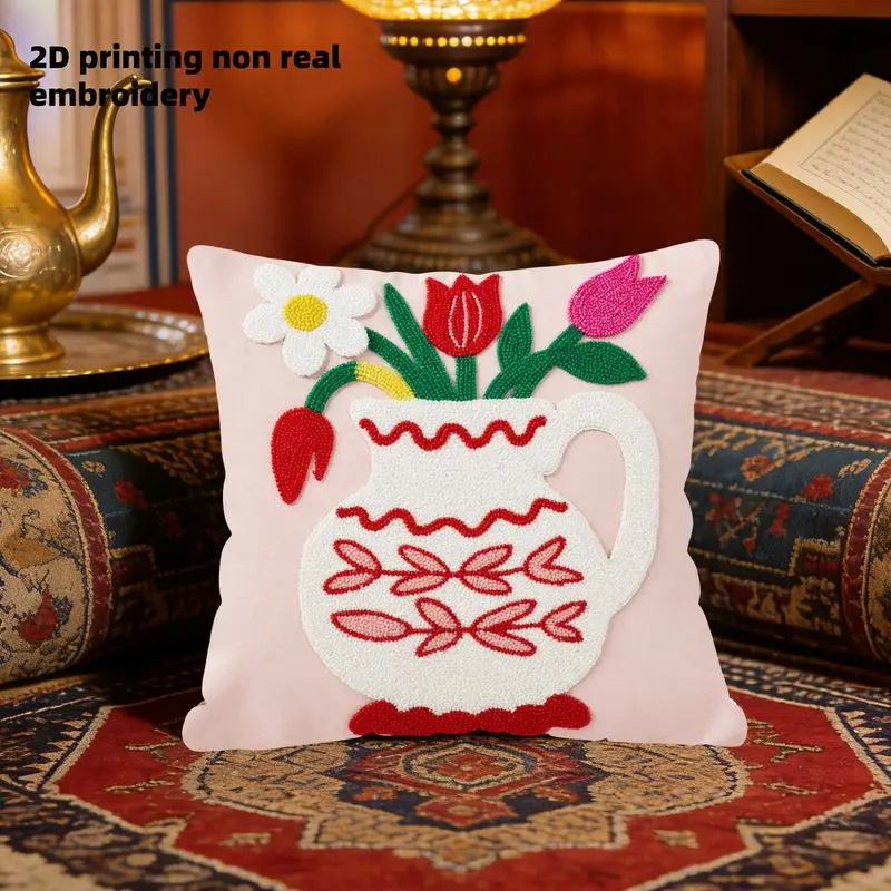 Boho Vase Flower Throw Pillow Cover Colorful Tulip Daisy Print Decorative Cushion Case for Spring Home Decor Gift