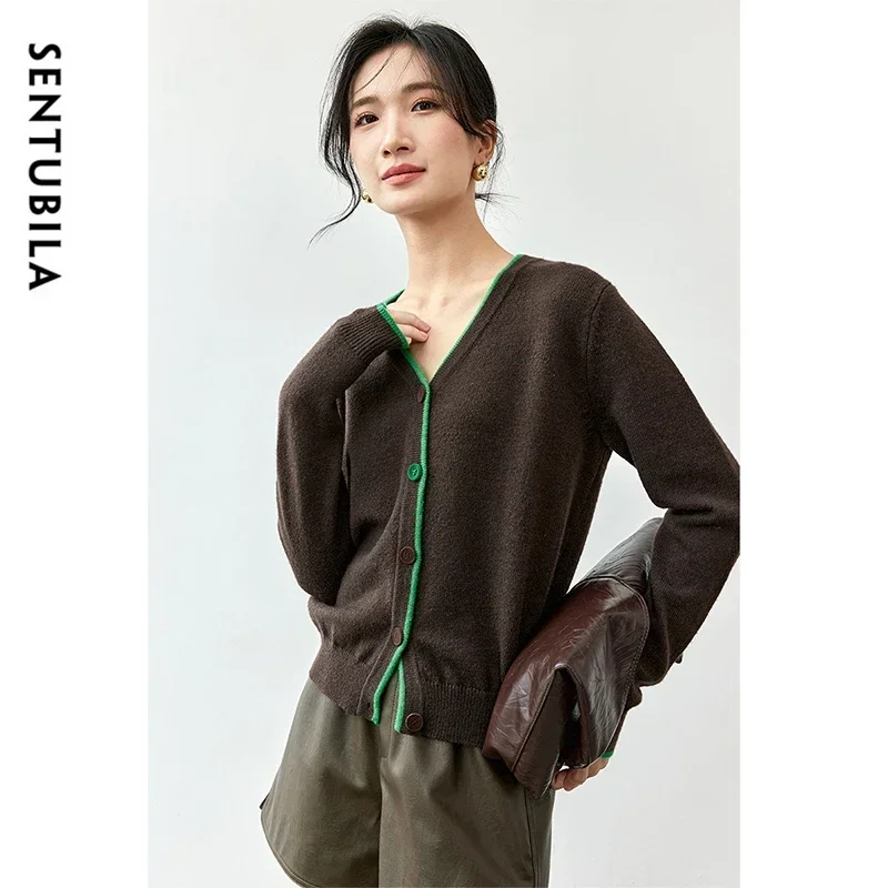 SENTUBILA Spliced Knitted Cardigan for Women 2024 Autumn V Neck Single Breasted Long Sleeve Top Odzież damska W43H55871