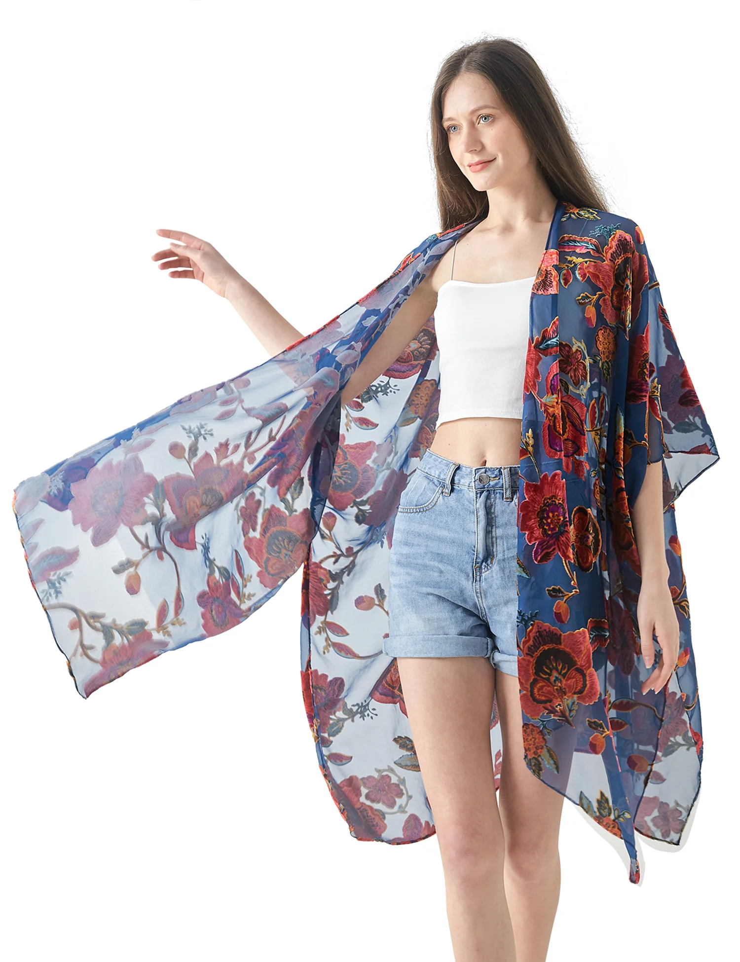 WeHello-Burnout Velvet Kimono for Women, Cardigan, Beach Cover Up, Holiday, Vacation, Casual Shawl, Dropship, JYPF-36