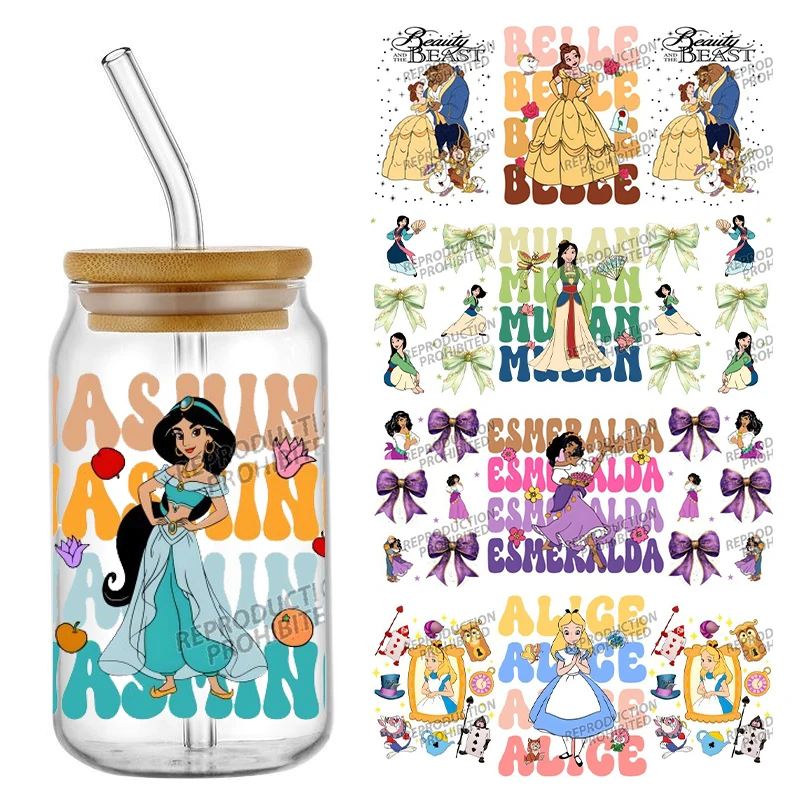 Cartoon Fairytale Princess UV DTF Cup Wrap Transfer Stickers for 16oz Glass Cups, Rub on Transfers for Crafts Cup Decal Stickers
