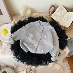 Baby Girls Sweater Fashion Sweet Bowknot Knitted Cardigan Sweater 2024 Autumn Winter New Korean Style Childrens Coats