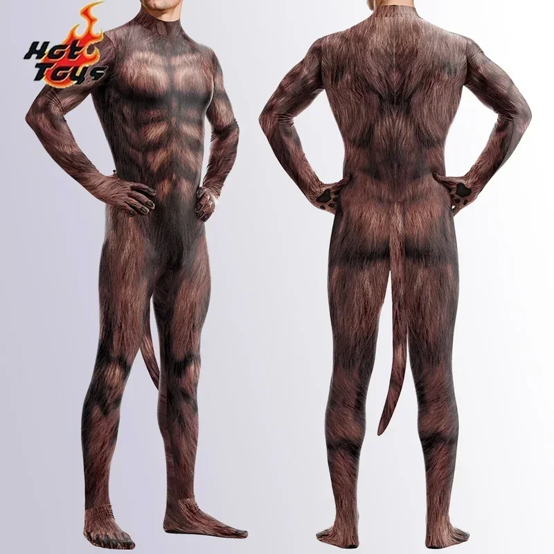 SN66 Animal Wolf 3D Print Petsuit with Tail Furry Cosplay Costume Full Cover Crotch Zipper Jumpsuit Men Zentai Bodysuit 2 @ w $