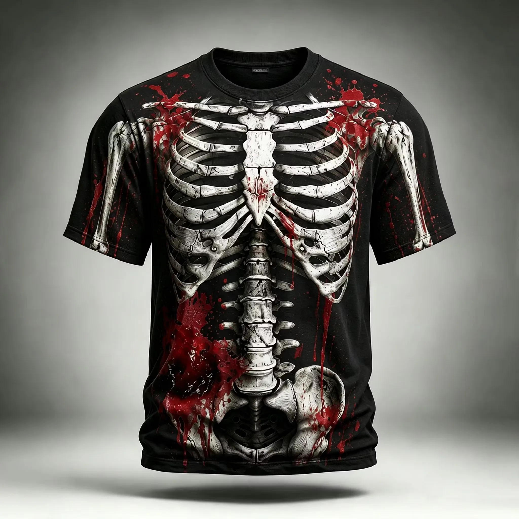 Men 3D Skeleton Blood Splatter Print T‑Shirt Halloween Horror Bone Pattern O‑Neck Short Sleeve Casual Streetwear Tee Tops