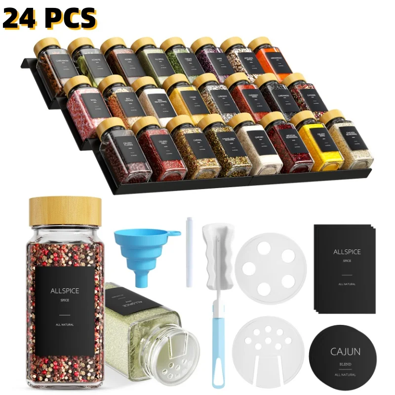 24 Stück Glas-Gewürzgläser mit Bambusdeckeln, 4oz Glasgläser, Gewürzgläser-Set, Gewürzbehälter-Organizer, Aufbewahrungsflaschen für Gewürzregal