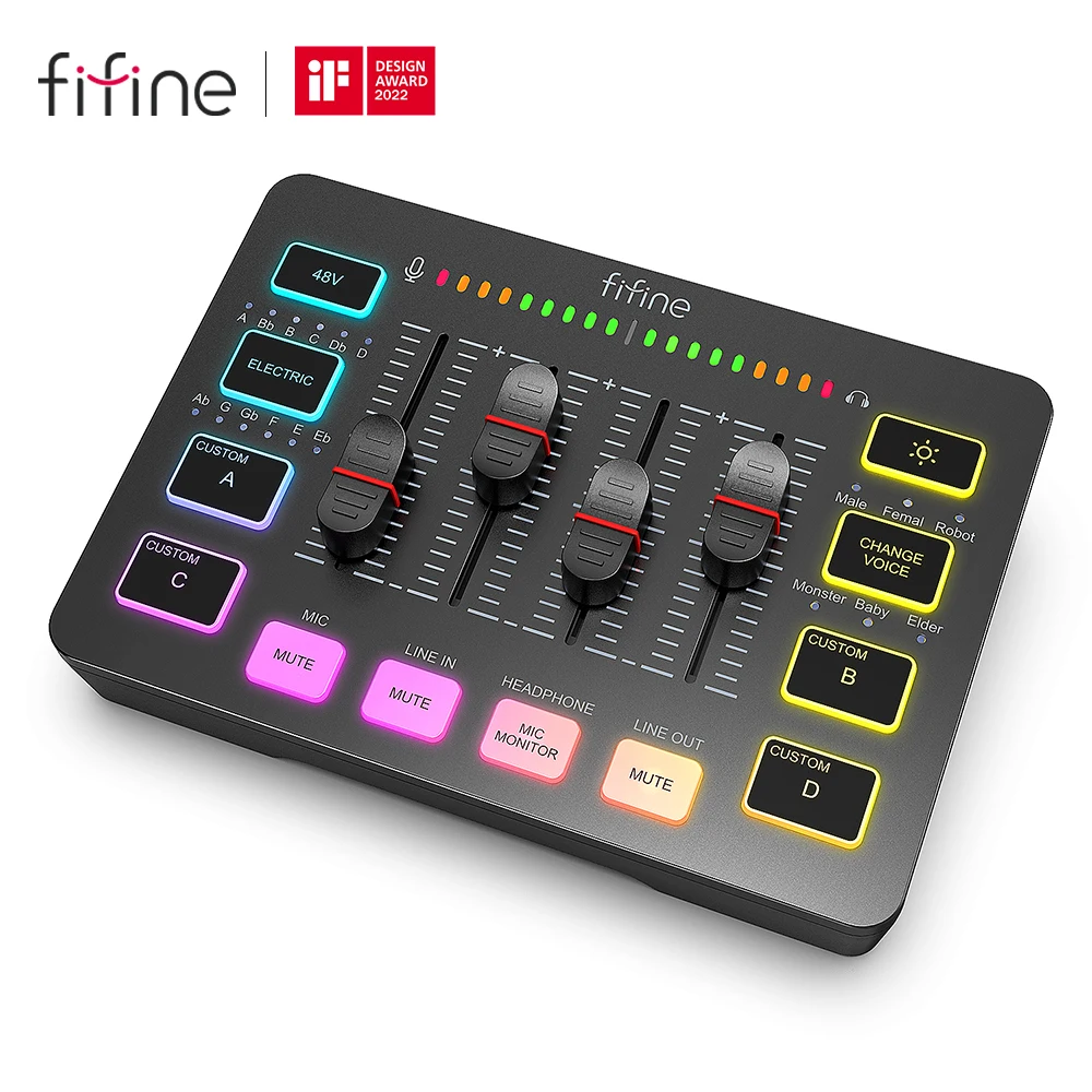 FIFINE mezclador de Audio para juegos, mezclador de transmisión de 4 canales RGB con interfaz de micrófono XLR, para voz de juego, Podcast,AmpliGame