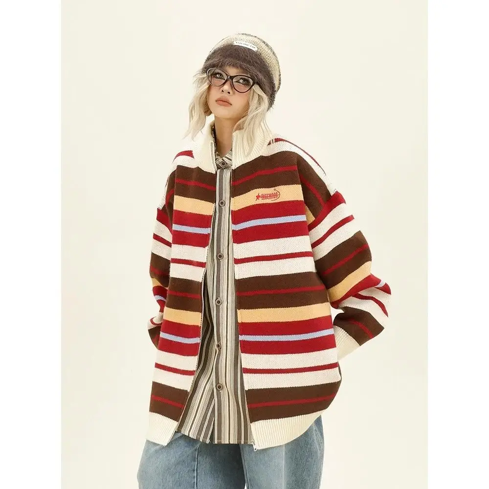 Color blocking striped sweater cardigan for men and women 2024 autumn loose and trendy American lazy style casual knitted top